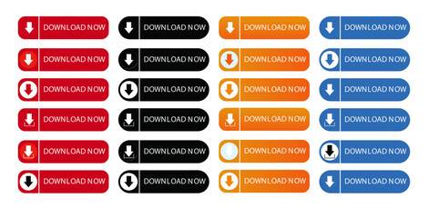 set of download now vector button with an arrow click here - obrazy, fototapety, plakaty