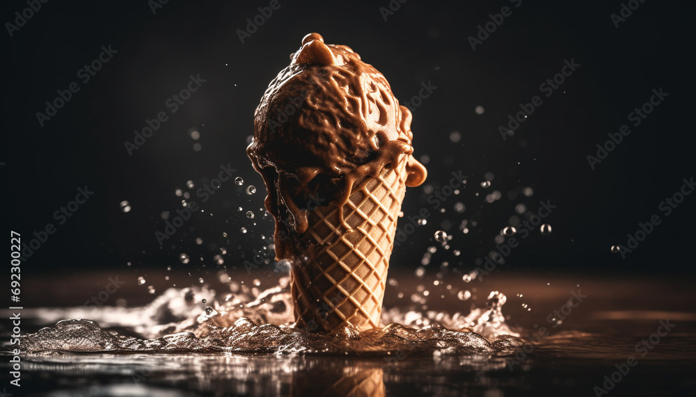 Poster sweet ice cream cone with raspberry and strawberry toppings, refreshing indulgence generated by ai