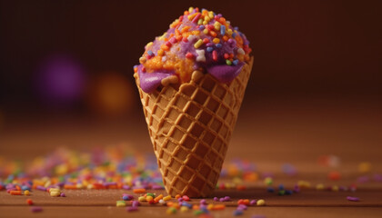 Multi colored ice cream cone with candy and chocolate decorations generated by AI