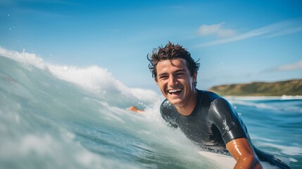 a happy young man enjoying surfing against the backdrop of a blue sea. generative AI