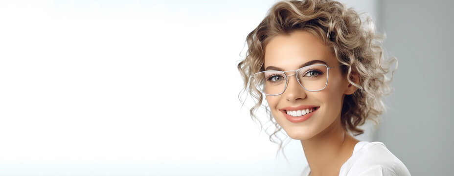 Portrait of young happy woman with dioptric glasses. Reading glasses, Prescription glasses, Skin care beauty, Skincare cosmetics, Dental concept. On white background. Large copy space.