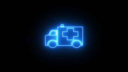 Glowing medical van. ambulance car neon light sign. Glowing bright icon ambulance car sign. Ambulance emergency service, Medical rescue service, Healthcare and medical concept.