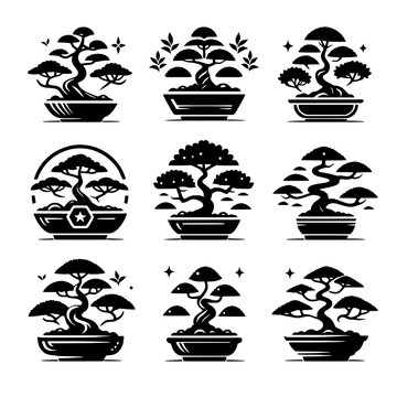set of bonsai tree icon logo designs
