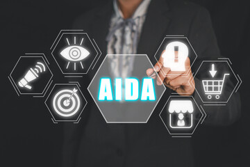 AIDA, Attention Interest Desire and Action concept, Business woman hand touching AIDA icon on...
