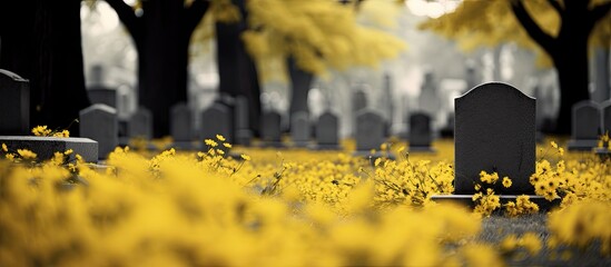 Cemetery filled with yellow blooms. - obrazy, fototapety, plakaty