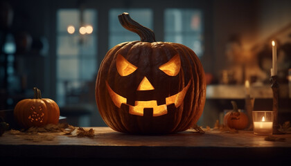 Spooky pumpkin lantern glowing in the dark autumn night generated by AI - obrazy, fototapety, plakaty