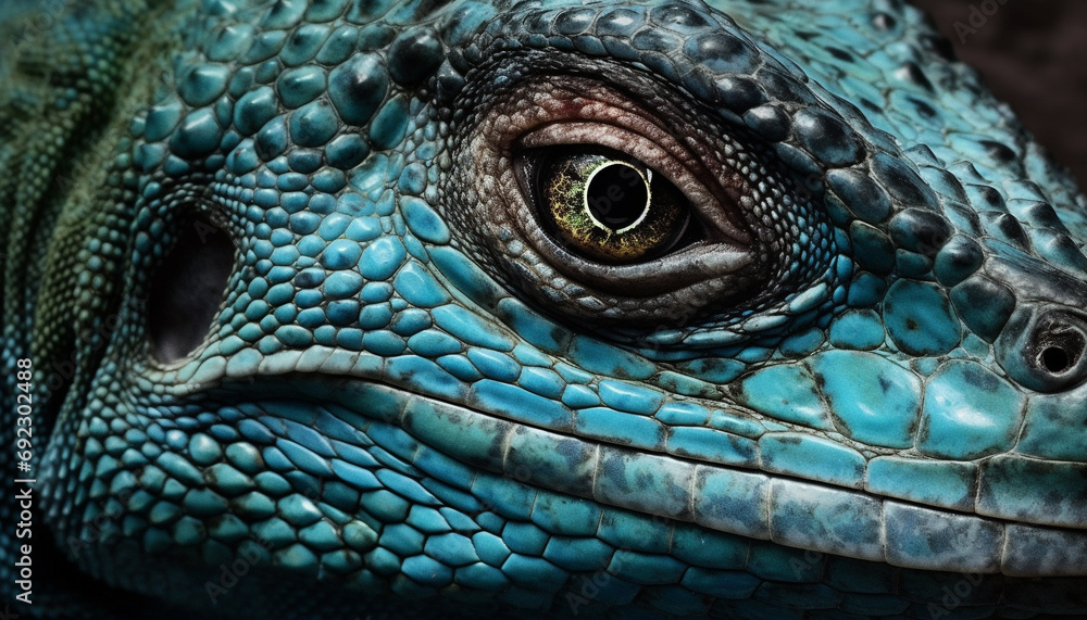 Wall mural spooky reptile portrait a close up of a green iguana eye generated by ai