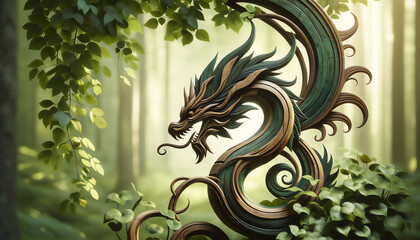 an illustration of a 2024 zodiac wood dragon with lush green foliage