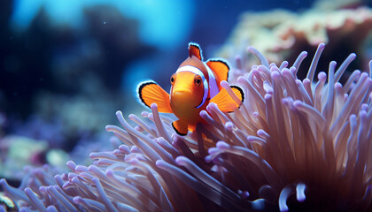 Clown fish swim in vibrant reef, underwater beauty generated by AI