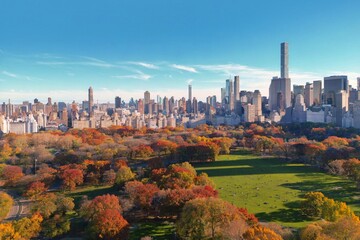 New York City Central Park. Top view with Autumn tree. Autumn Central Park view from drone. Aerial...