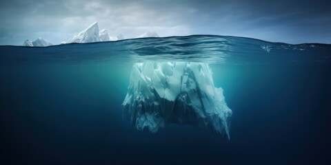 An iceberg beneath the water's surface serves as a symbol of the risks associated with global warming