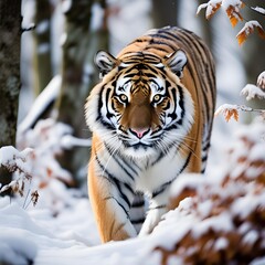 Obraz premium A tiger wandering in the cold winter forest. Generative AI.