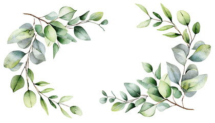 Fototapeta premium Watercolor floral frame with eucalyptus green leaves and branch isolated on white background. Hand painted wreath flowers for wedding invitation, save the date or greeting design