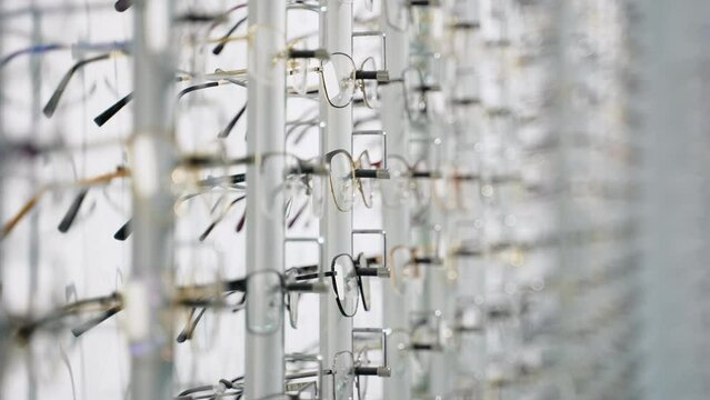 Row of glasses at an opticians. Eyeglasses shop