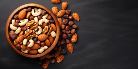 Assortment of nuts in wooden bowl on dark stone table. Cashew, hazelnuts, walnuts, almonds, brazilian nuts and pine nuts. Top view with copy space
