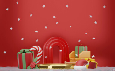 3D rendering snow covered. glod stand, gift boxes on white snow floor with light red background. Cute Christmas or winter product display scene.