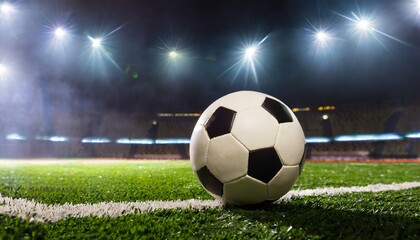 A soccer ball placed on the grass of a soccer field.