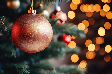 Christmas tree with baubles on blurred background, close-up