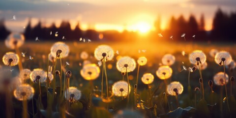 A field of dandelions under the sunset's warm glow, with bokeh effects, evoking the beauty of...