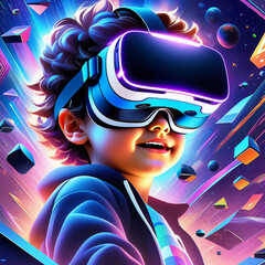 futuristic virtual reality concept vr and ar technologies a kid in glasses with 3d illustration
