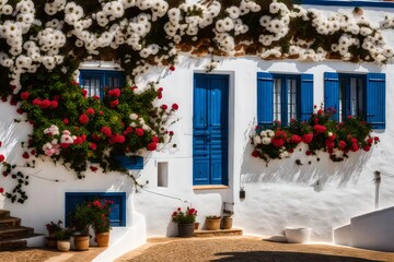 Fototapeta na wymiar **traditional south portugal white houses covered with flowers in algarve.