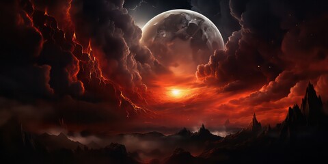 Experience a moon eclipse as the planet turns a red blood hue, with clouds adding to the celestial drama. - obrazy, fototapety, plakaty