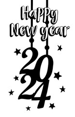 hand drawn black and white happy new year 2024 greeting card