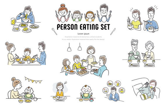 ベクターイラスト素材：食事をする人物セット
