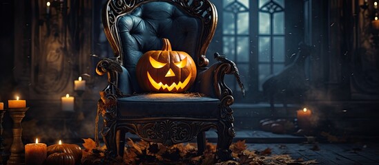 Enigmatic Halloween. Photo of a sinister pumpkin jack-o'-lantern on an antique chair in a candlelit, magical old house. Fairy tale vibe. Vintage aesthetic.