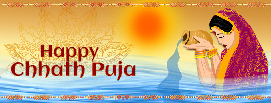 Happy Chhath Puja. Offer traditional prayers to the God Sun during the Hindu religious festival Chhath Puja.