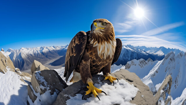 A picture of an eagle sitting on a stone against a snowy mountain under the clear blue sky