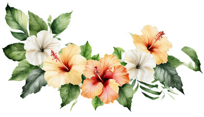 Watercolor frame with realistic colorful hibiscus and green leaves. Trendy tropical flowers isolated on white backgr