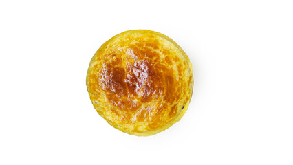 Homemade zuppa soup with golden yellow crispy pastry on white background