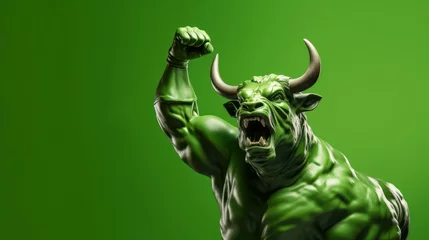 Foto op Plexiglas Muscle bull gesture fist pump, bull showing fighting pose on green background, bullish divergence in stock market and cryptocurrency trading © CYBERUSS