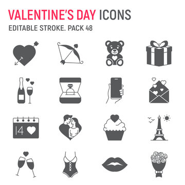 Valentines day glyph icon set, wedding collection, vector graphics, logo illustrations, Valentines day vector icons, love signs, solid pictograms, editable stroke