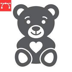 Teddy bear glyph icon, valentines day and gift, soft toy vector icon, vector graphics, editable stroke solid sign, eps 10.