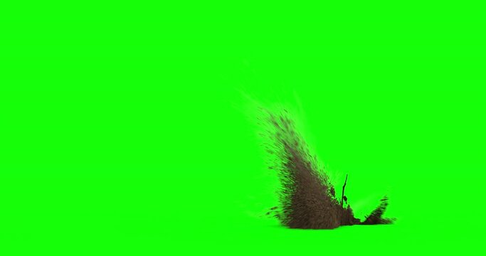 Bullet hit on dirt with chunks and debris flying. Dusty explosion on black background and green screen with alpha channel. Close up. Variations 