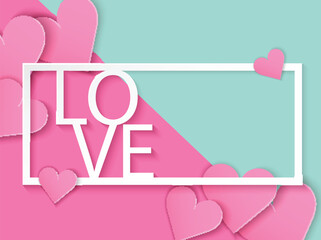 Love card design, pink heart and White love text. light and shadows , pastels color paper art  background . Vector.
