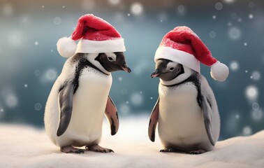 Fototapeta premium Two penguins in Santa Claus hats on snow background. Christmas concept