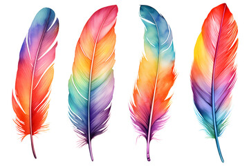 colourful rainbow watercolour feathers set isolated on transparent background - Design element PNG cutout collection - obrazy, fototapety, plakaty