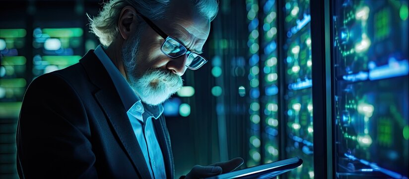 Elderly admin analyzing server security issues on tablet due to unsecured connections. Employee securing high-tech space from ddos attacks.