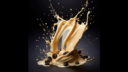splash of milk mixture with honey and black cumin. photo realistic - obrazy, fototapety, plakaty