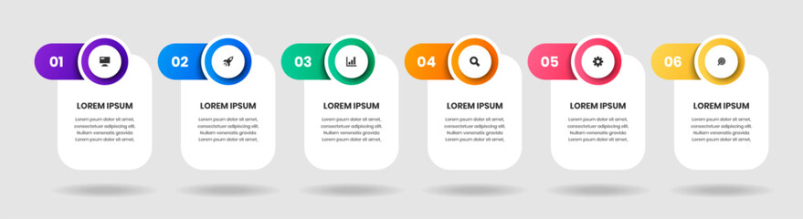 Vector Business Infographic Template with Rounded Rectangle Label, Icon and 6 Numbers. Suitable for Process Diagram, Presentations, Workflow Layout, Banner, Flow Chart, Infographic.
