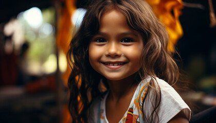 Obraz premium Smiling child, cute portrait, joyful girl, carefree summer generated by AI