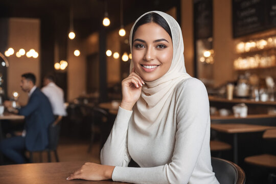 Portrait of beautiful modern muslim woman with natural make-up in white hijab posing on cafe  background, Facial skin care, female beauty.
