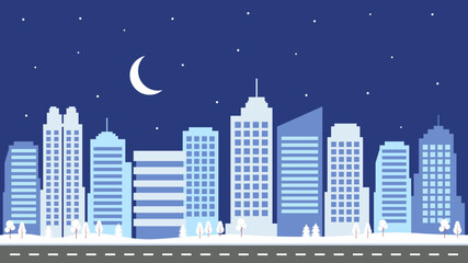 Fototapeta premium Cartoon night city buildings vector illustration. Modern city landscape with buildings, skyscrapers, roads, and the moon. Suitable for cover design, templates, banners, web, and pages