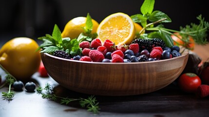 A wooden bowl filled with fresh fruit. Generative AI.