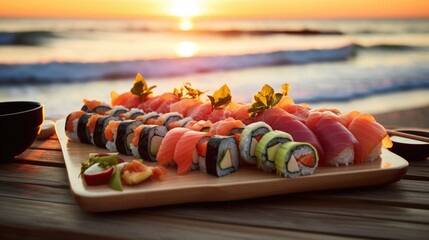 Sushi on wooden tray with sunset in background. Generative AI.