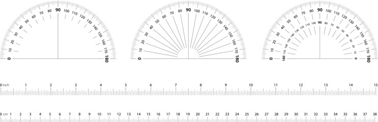 Degree protractor and ruler scales for measuring angle, size, length and height. Semicircle round gauge and cm or inch meter tape math tools - obrazy, fototapety, plakaty