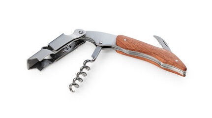 Sommelier knife placed on white background.